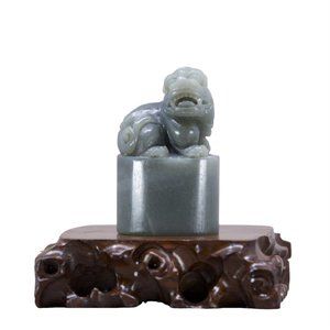 Chinese Green Hetian Jade Seal/Stamp w Foo Dog